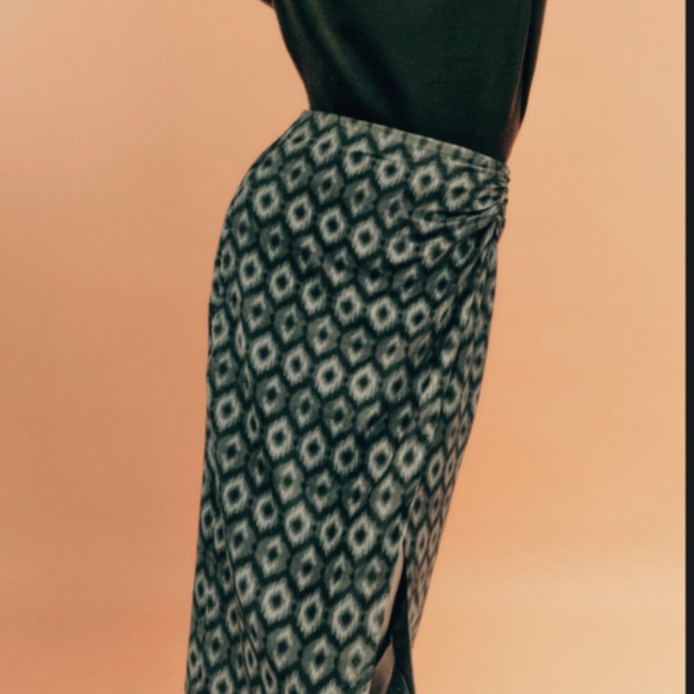 EUC Zara Faux-Wrap Green Monochrome Diamond Print Midi Skirt